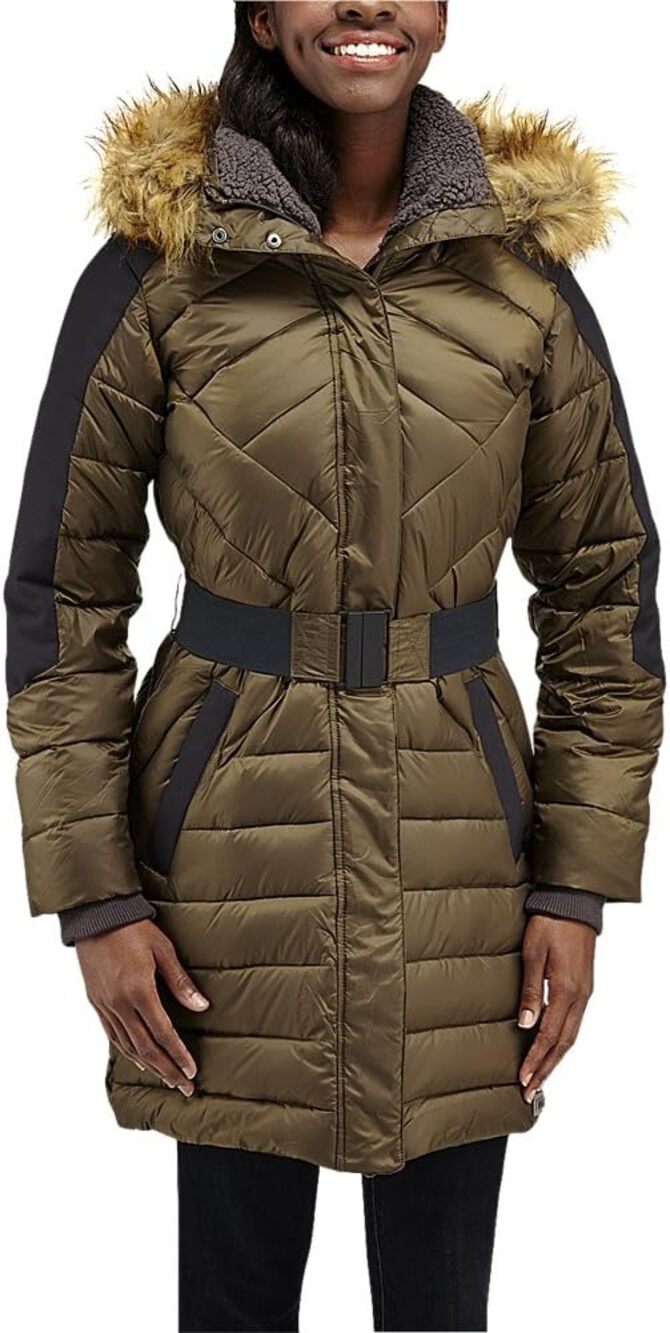 Merrell Arctic Glow Featherless Belted Parka Coat Clay Olive Black Womens Sze XS